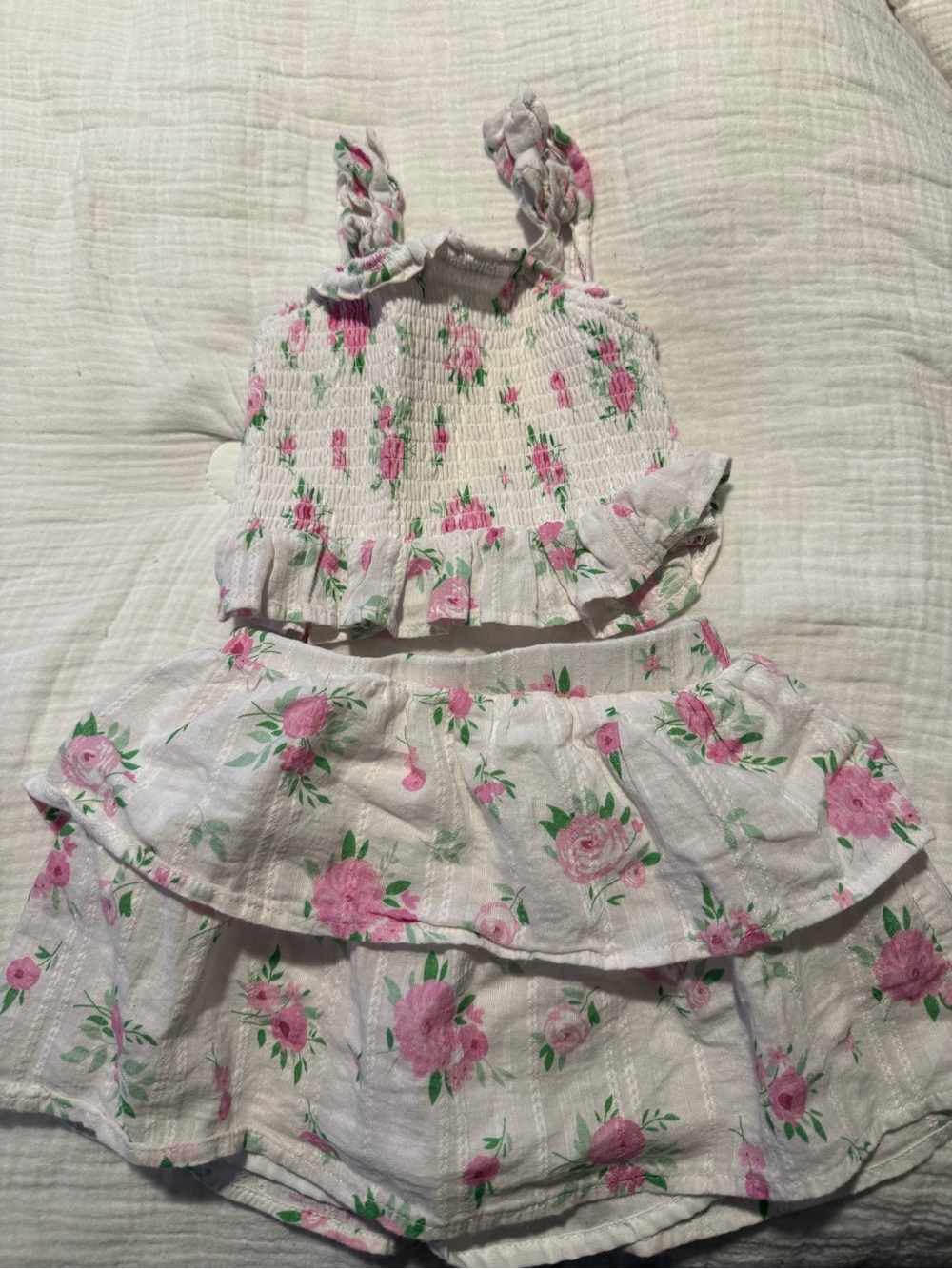 Rare Editions White & Pink Floral Smocked Tank Top with Tiered Skirt
